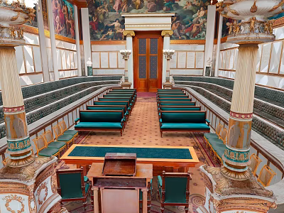 European Architectural Interior with Intricate Mural Ceiling Marble Columns Green Seats and Wooden Podium 3d model