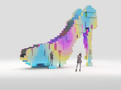 Colorful Block Sculpture in High Heel Shoe Shape With Two People Standing Nearby 3d model