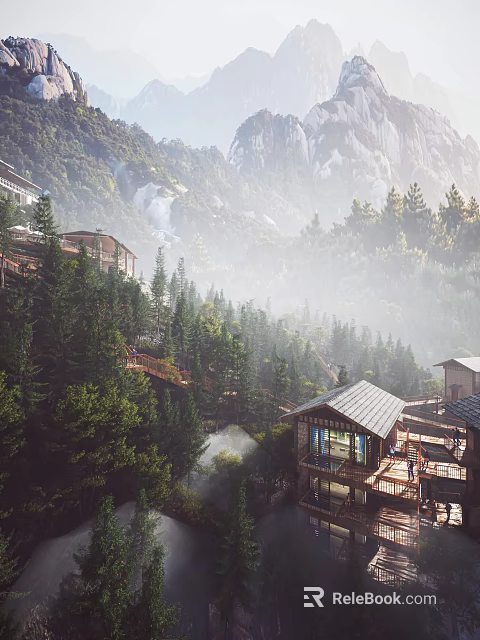 Mountain Lodge Architecture with Wooden Structure Surrounded by Dense Forests and Misty Mountain View 3d model 