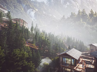 Mountain Lodge Architecture with Wooden Structure Surrounded by Dense Forests and Misty Mountain View 3d model