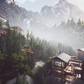 Mountain Lodge Architecture with Wooden Structure Surrounded by Dense Forests and Misty Mountain View