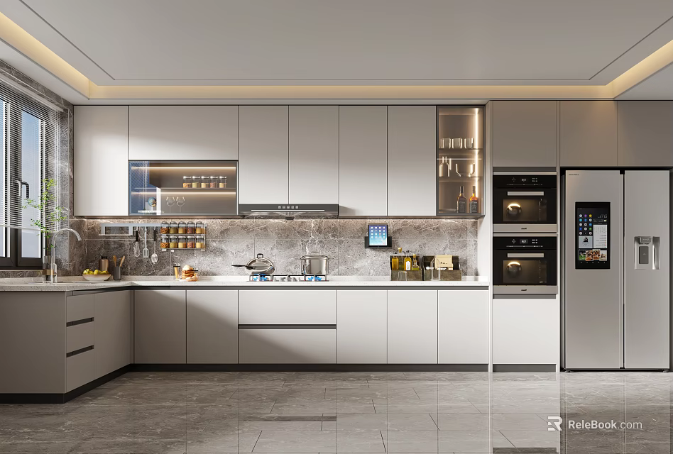Modern Kitchen Interior With White Cabinets Stainless Steel Appliances And Island Counter 3d model 