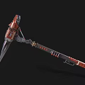 Red And Black Mechanical Spear Like Weapon With Futuristic Design Metallic Parts