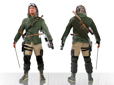 Man With Long Hair In Green Jacket Backpack Quiver Knee Pads And Khaki Pants 3d model