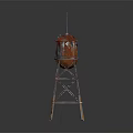 Red Metal Watchtower With Top Cabin And Weather Vane On Dark Background