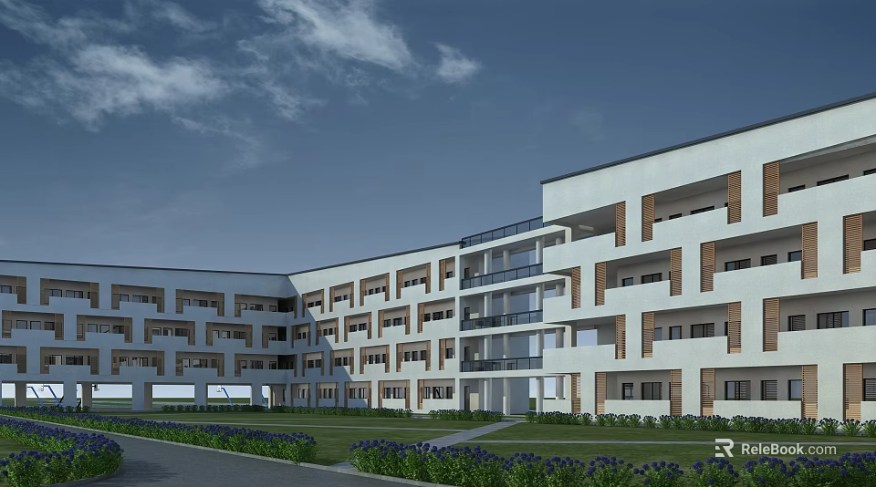 Modern School Building Featuring White Exterior Multiple Floors Balconies Green Lawn Pathway Under Blue Sky 3d model 