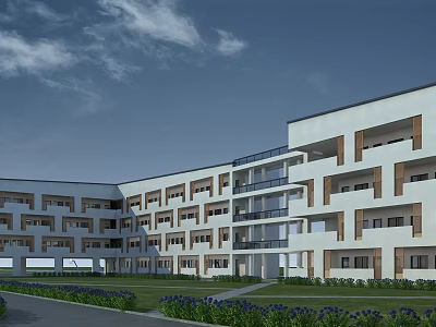 Modern School Building Featuring White Exterior Multiple Floors Balconies Green Lawn Pathway Under Blue Sky 3d model