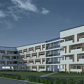 Modern School Building Featuring White Exterior Multiple Floors Balconies Green Lawn Pathway Under Blue Sky