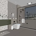 Modern Bathroom Interior With Round Mirror Speckled Wall Green Vanity Glass Shower And Free-standing Bathtub