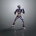 Sci Fi Warrior Character With White Blue Silver Biomechanical Armor Dynamic Standing Pose