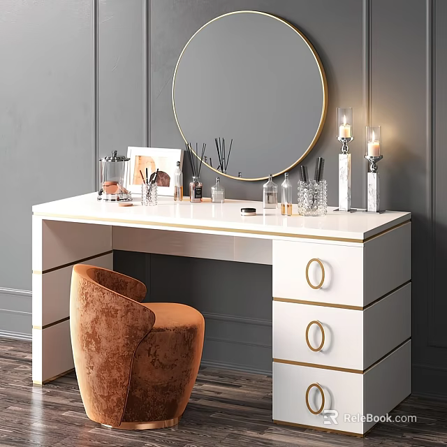 Modern Luxury Dressing Table With Round Gold Frame Mirror And Orange Velvet Chair 3d model 