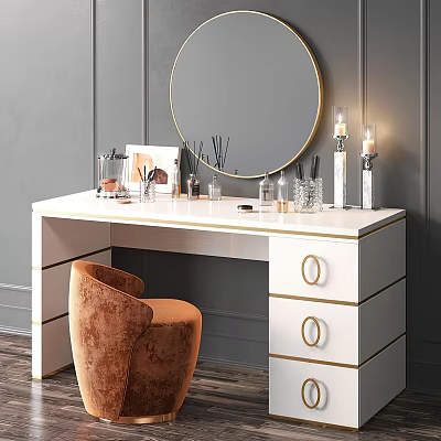 Modern Luxury Dressing Table With Round Gold Frame Mirror And Orange Velvet Chair 3d model