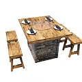 Wooden Dining Table Set With Circular Fire Pit And Brick Base Bench Seats 3d model