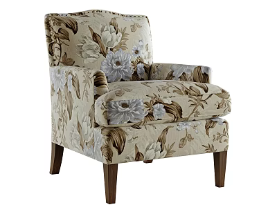 Elegant Single Sofa with Floral Pattern Nailhead Trim and Wooden Legs 3d model
