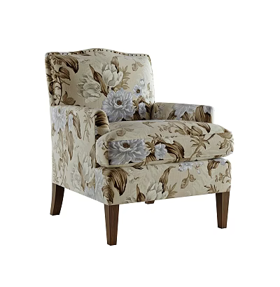 Elegant Single Sofa with Floral Pattern Nailhead Trim and Wooden Legs 3d model