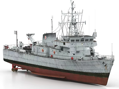 Gray Warship With Red Bottom Masts Antennas And Deck Equipment 3d model