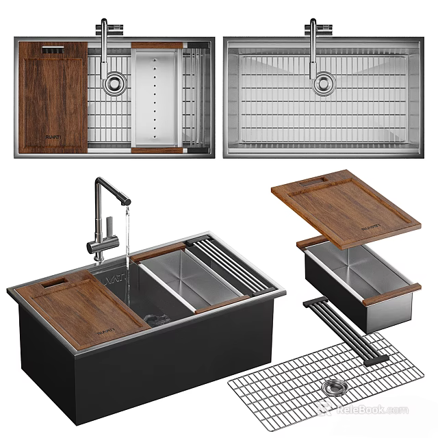 Modern Stainless Steel Kitchen Sink With Wooden Cover Drying Rack And Faucet 3d model 