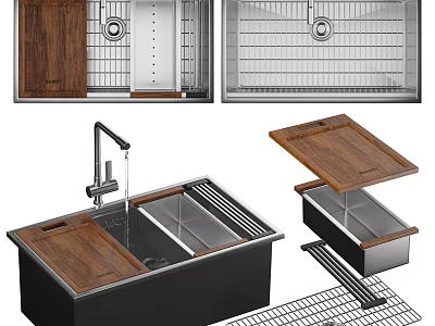 Modern Stainless Steel Kitchen Sink With Wooden Cover Drying Rack And Faucet 3d model