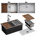 Modern Stainless Steel Kitchen Sink With Wooden Cover Drying Rack And Faucet