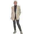 Bald Woman In Beige Blazer Black Turtleneck Dark Jeans White Sneakers Standing Against Gray Background