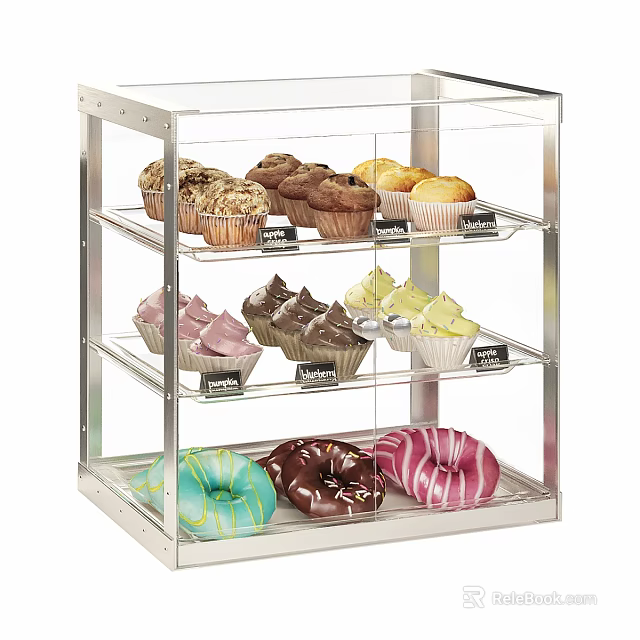 Modern Transparent Acrylic Metal Frame Buffet Cabinet With Three Tiered Shelf Muffins Cupcakes And Donuts 3d model 