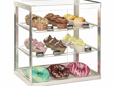 Modern Transparent Acrylic Metal Frame Buffet Cabinet With Three Tiered Shelf Muffins Cupcakes And Donuts 3d model