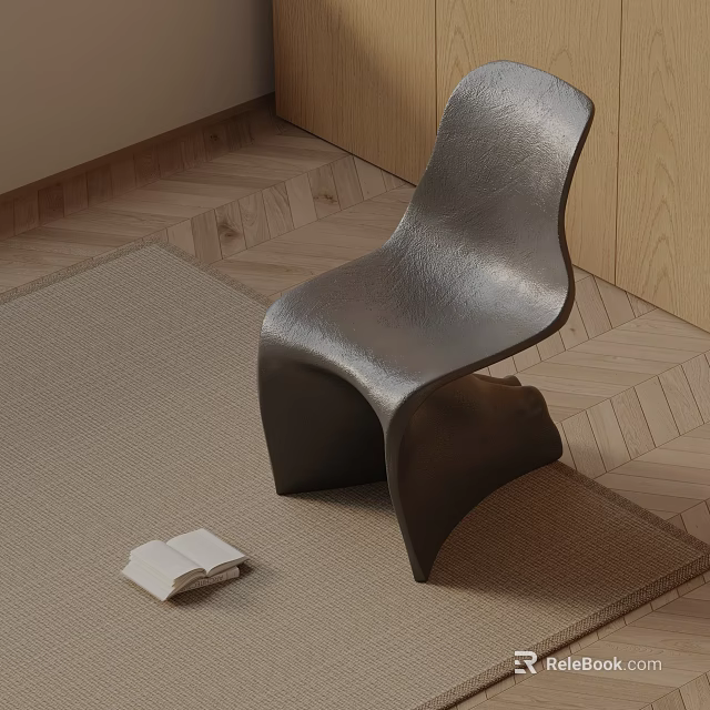 Modern Ergonomic Leather Dining Chair On Beige Rug Over Wooden Parquet Floor With Open Book 3d model 