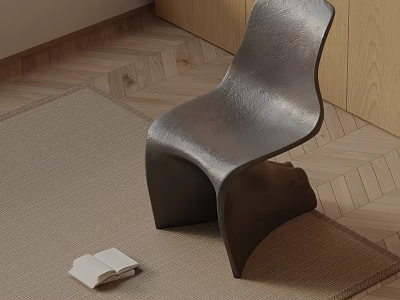 Modern Ergonomic Leather Dining Chair On Beige Rug Over Wooden Parquet Floor With Open Book 3d model