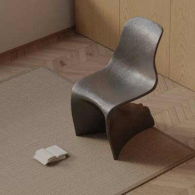 Modern Ergonomic Leather Dining Chair On Beige Rug Over Wooden Parquet Floor With Open Book 3d model