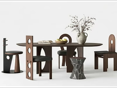 Round Wooden Dining Table Set With Modern Unique Chairs Vase Books And Fruit Bowl 3d model
