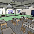 School Science Classroom With Wooden Tables Stools Interactive Screens And Charts On Walls