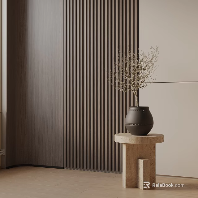 Modern Interior Stone Side Table With Ceramic Vase And Dried Branches Against Vertical Striped Wall 3d model 