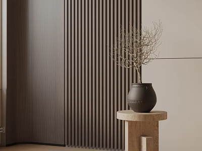 Modern Interior Stone Side Table With Ceramic Vase And Dried Branches Against Vertical Striped Wall 3d model