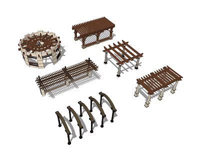 Various Pergola Designs With Wooden Frames And Seating Structures 3d model