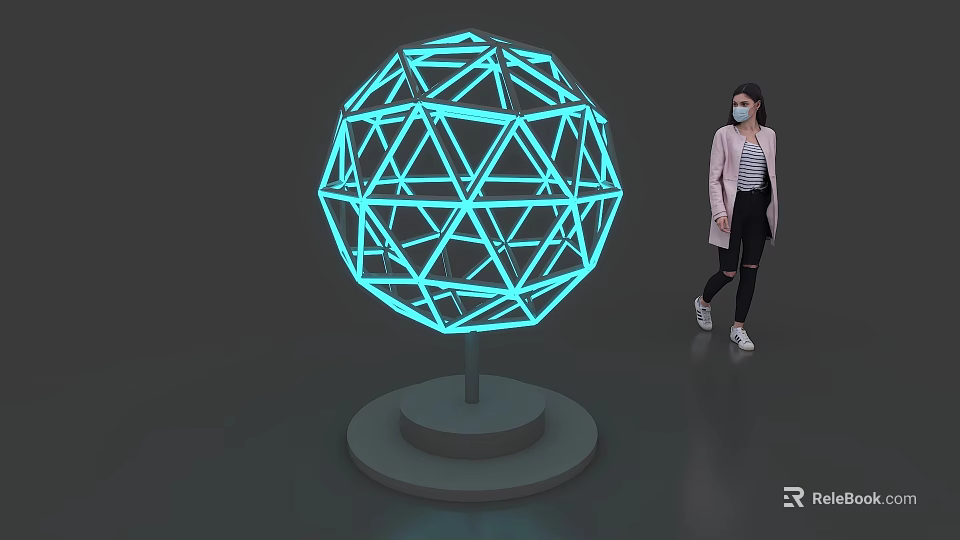 Exhibition Island with Illuminated Spherical Geometric Structure and Person Walking Nearby 3d model 