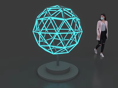 Exhibition Island with Illuminated Spherical Geometric Structure and Person Walking Nearby 3d model