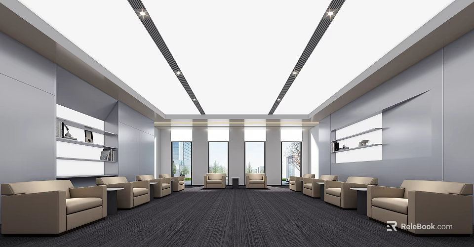 Modern Hotel Public Lounge Interior With Comfortable Sofas Large Windows And Recessed Lighting 3d model 