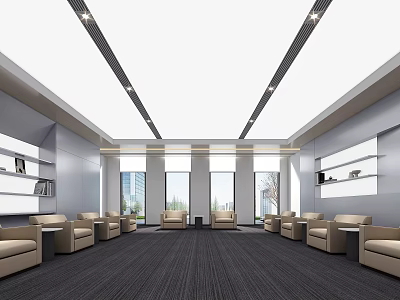 Modern Hotel Public Lounge Interior With Comfortable Sofas Large Windows And Recessed Lighting 3d model