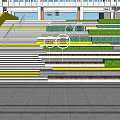 Modern Outdoor Stairs With Green Steps Yellow Accent Lines And Surrounding Buildings