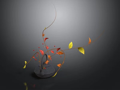 Minimalist Modern Floral Arrangement With Dark Vase Slender Branches Red And Yellow Leaves 3d model