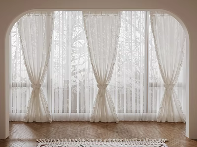 White Sheer Curtains Decor Arched Window Interior With Translucent Light And Wooden Floor 3d model