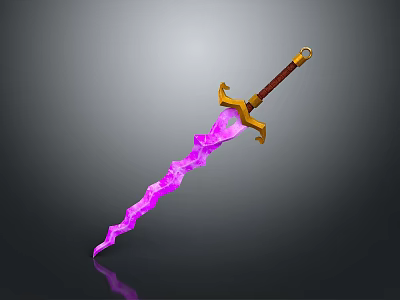 Fantasy Flaming Sword With Purple Blade Golden Hilt And Brown Handle 3d model