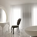 Luxurious Bathroom Interior Featuring Round Mirror White Vanity Dark Chair White Bathtub and Marble Floor