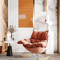 Modern Elegant Orange Leather Diamond Tufted Leisure Chair With Floor Lamp And Marble Wall Art
