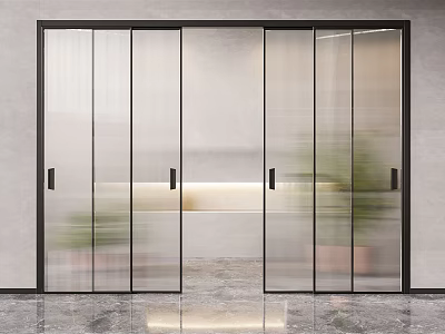 Modern Glass Sliding Doors With Black Frames And Frosted Vertical Stripes In Interior Space 3d model