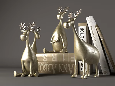 Decorative Ornament Set With Golden Deer Figurines And Stacked Books For Home Decoration 3d model