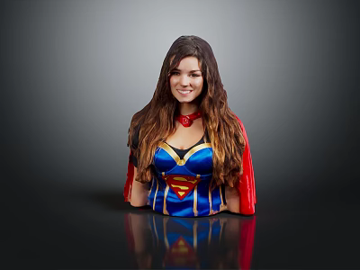 Brown Haired Female Superhero Character Human Figure With Red Cape Blue Costume Superman Logo Smiling 3d model