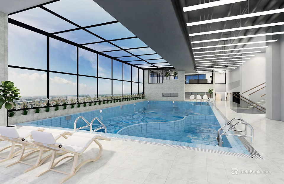 Modern Indoor Swimming Pool With Glass Roof Large Windows Lounge Chairs And City View 3d model 