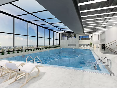 Modern Indoor Swimming Pool With Glass Roof Large Windows Lounge Chairs And City View 3d model