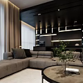Modern Living And Dining Area With Gray Sofa Black Coffee Table Wooden Floor Hanging Lights